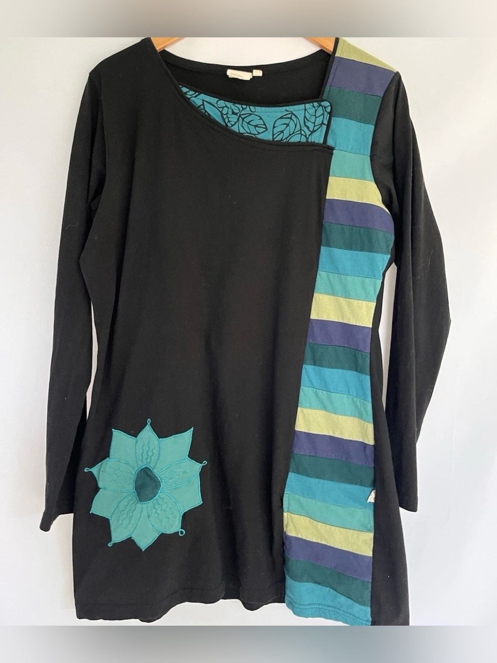 Leopards & Roses Organic Cotton Colorblock Black Teal Bold Embroidered Tunic L